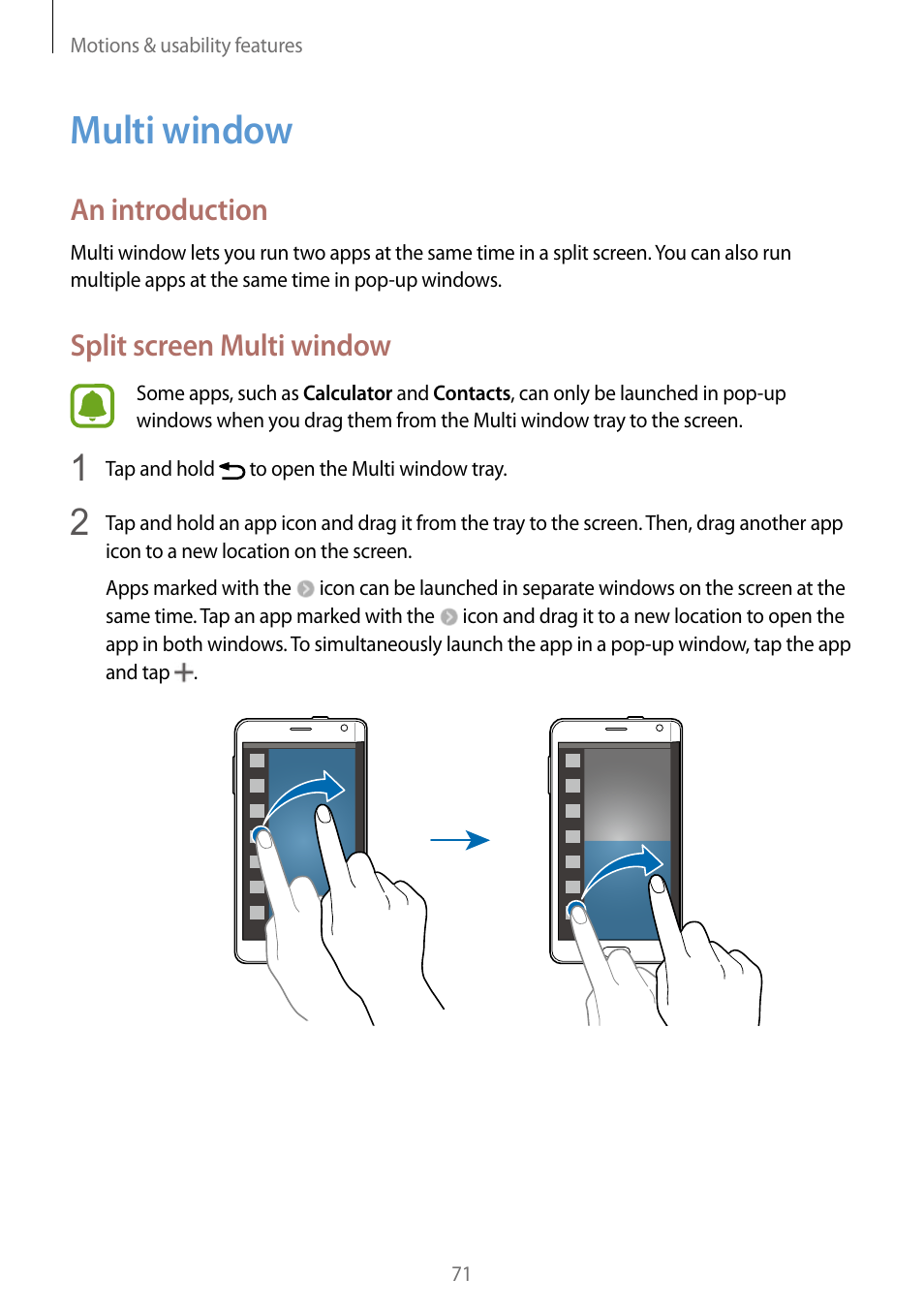 Multi window, 71 multi window, An introduction | Split screen multi window | Samsung Galaxy Note Edge User Manual | Page 71 / 208