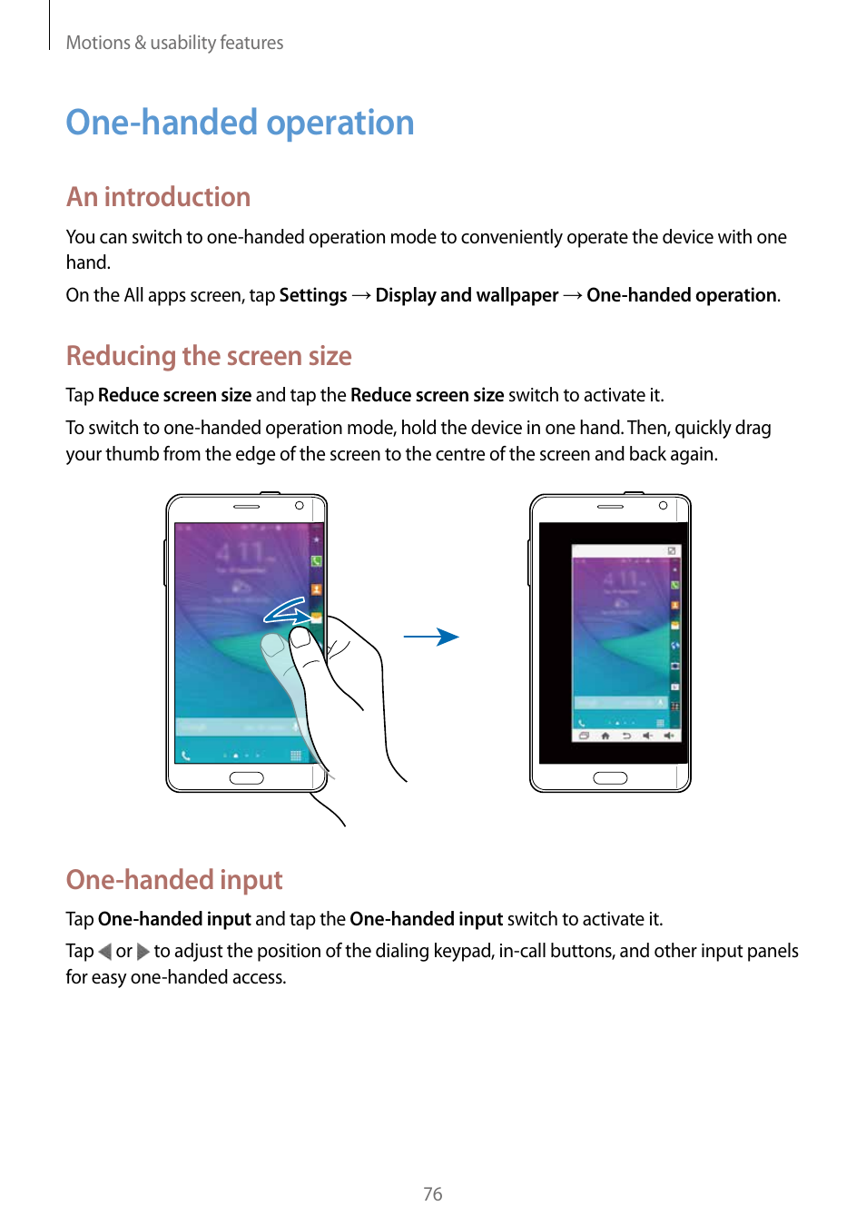 One-handed operation, 76 one-handed operation, An introduction | Reducing the screen size, One-handed input | Samsung Galaxy Note Edge User Manual | Page 76 / 208