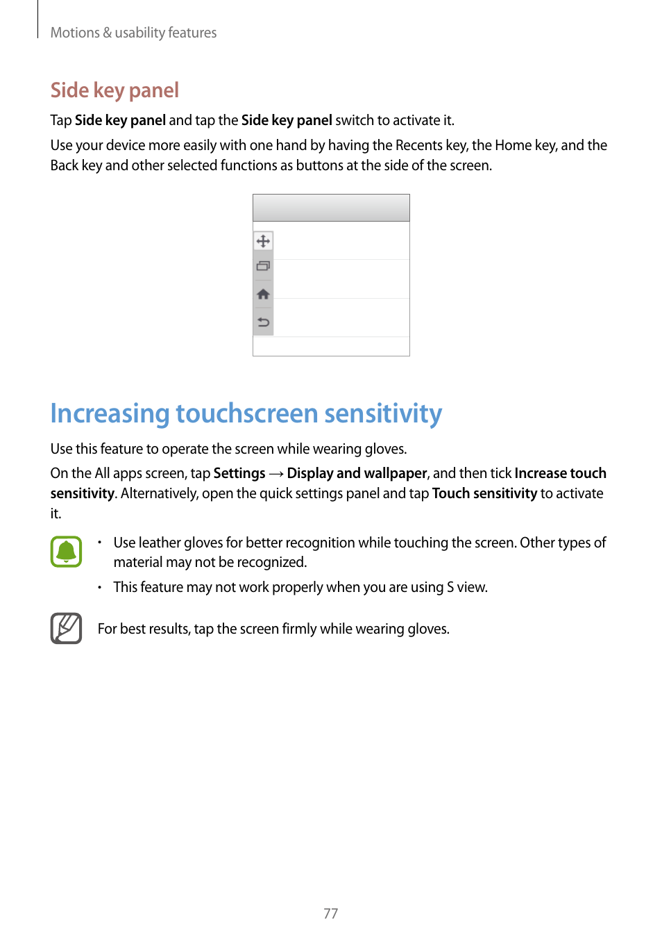 Increasing touchscreen sensitivity, 77 increasing touchscreen sensitivity, Side key panel | Samsung Galaxy Note Edge User Manual | Page 77 / 208