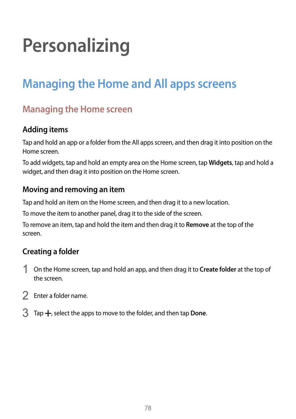 Personalizing, Managing the home and all apps screens, 78 managing the home and all apps | Screens | Samsung Galaxy Note Edge User Manual | Page 78 / 208