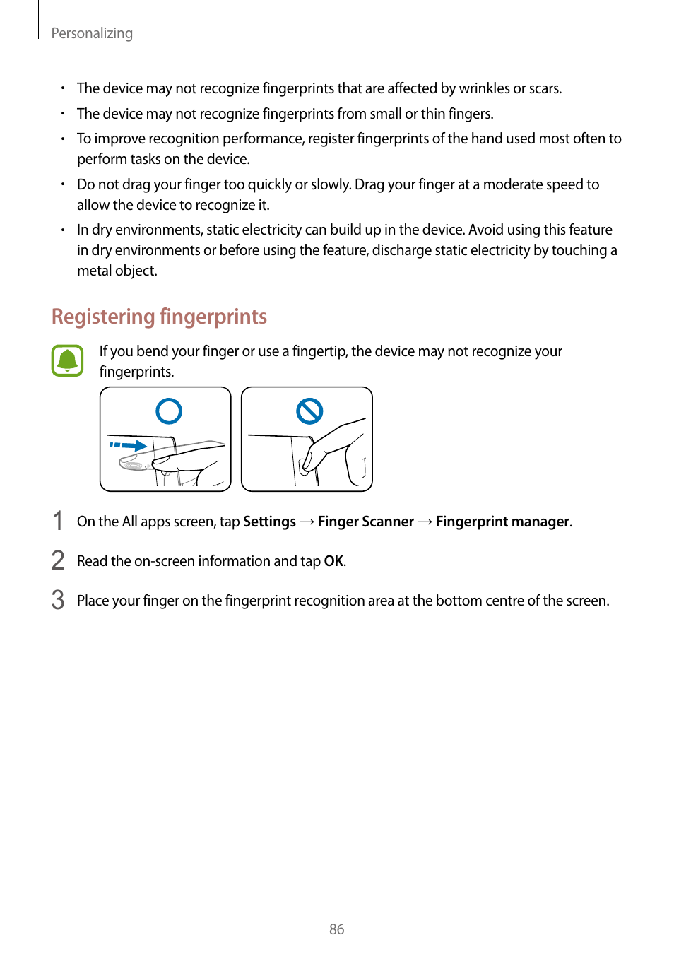 Registering fingerprints | Samsung Galaxy Note Edge User Manual | Page 86 / 208