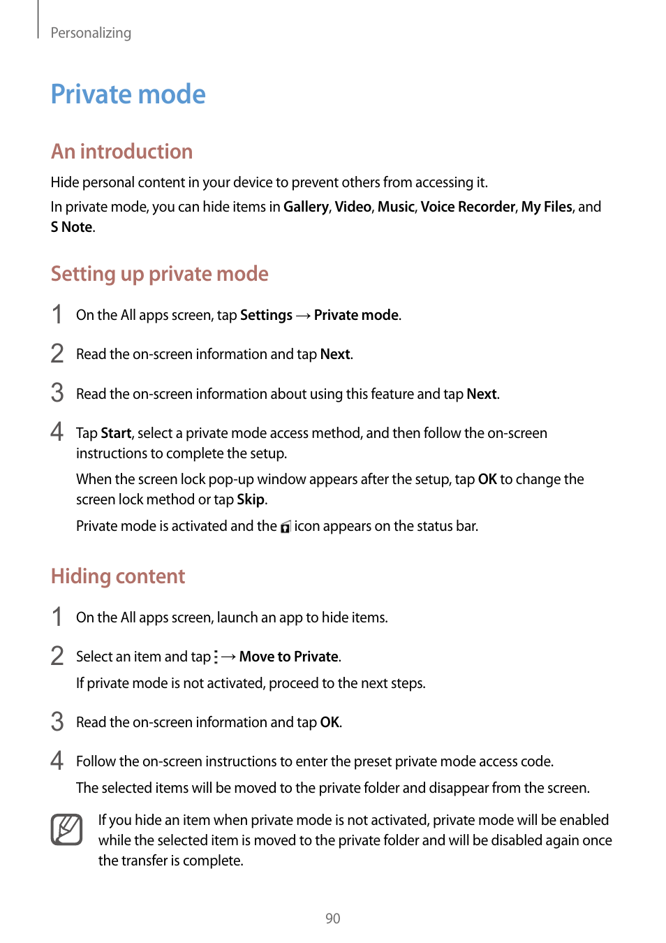 Private mode, 90 private mode, An introduction | Setting up private mode, Hiding content | Samsung Galaxy Note Edge User Manual | Page 90 / 208