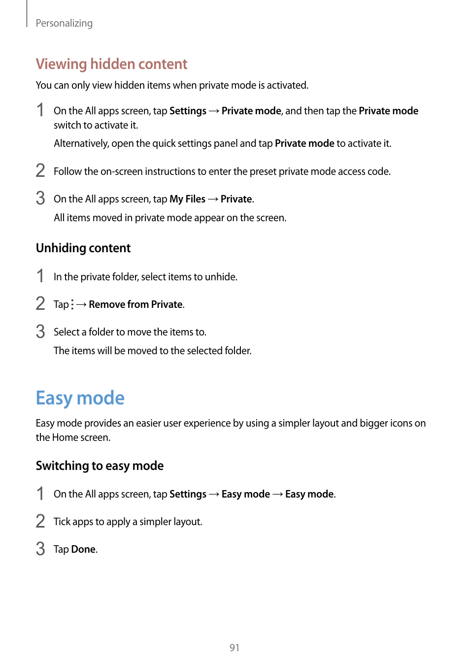 Easy mode, 91 easy mode, Viewing hidden content | Samsung Galaxy Note Edge User Manual | Page 91 / 208