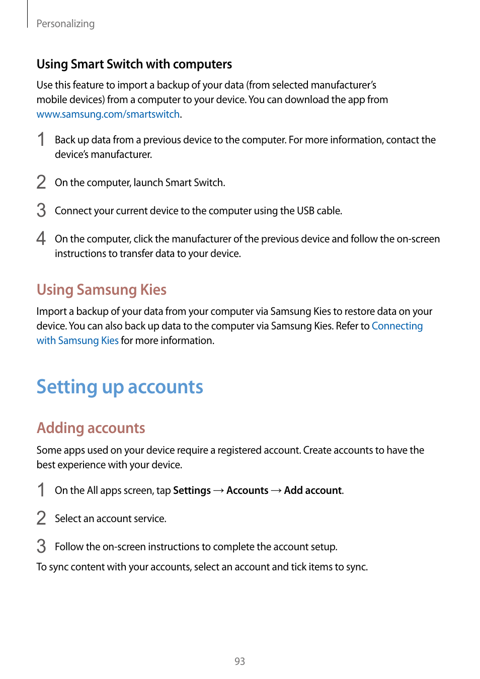 Setting up accounts, 93 setting up accounts, Using samsung kies | Adding accounts | Samsung Galaxy Note Edge User Manual | Page 93 / 208