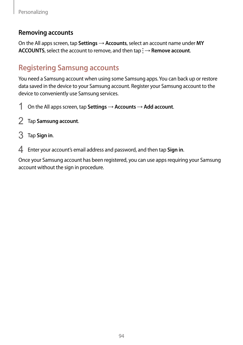 Registering samsung accounts | Samsung Galaxy Note Edge User Manual | Page 94 / 208