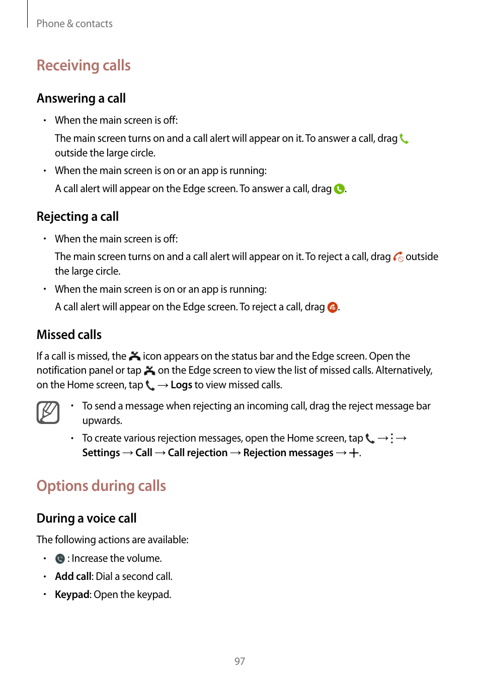 Receiving calls, Options during calls, Answering a call | Rejecting a call, Missed calls, During a voice call | Samsung Galaxy Note Edge User Manual | Page 97 / 208