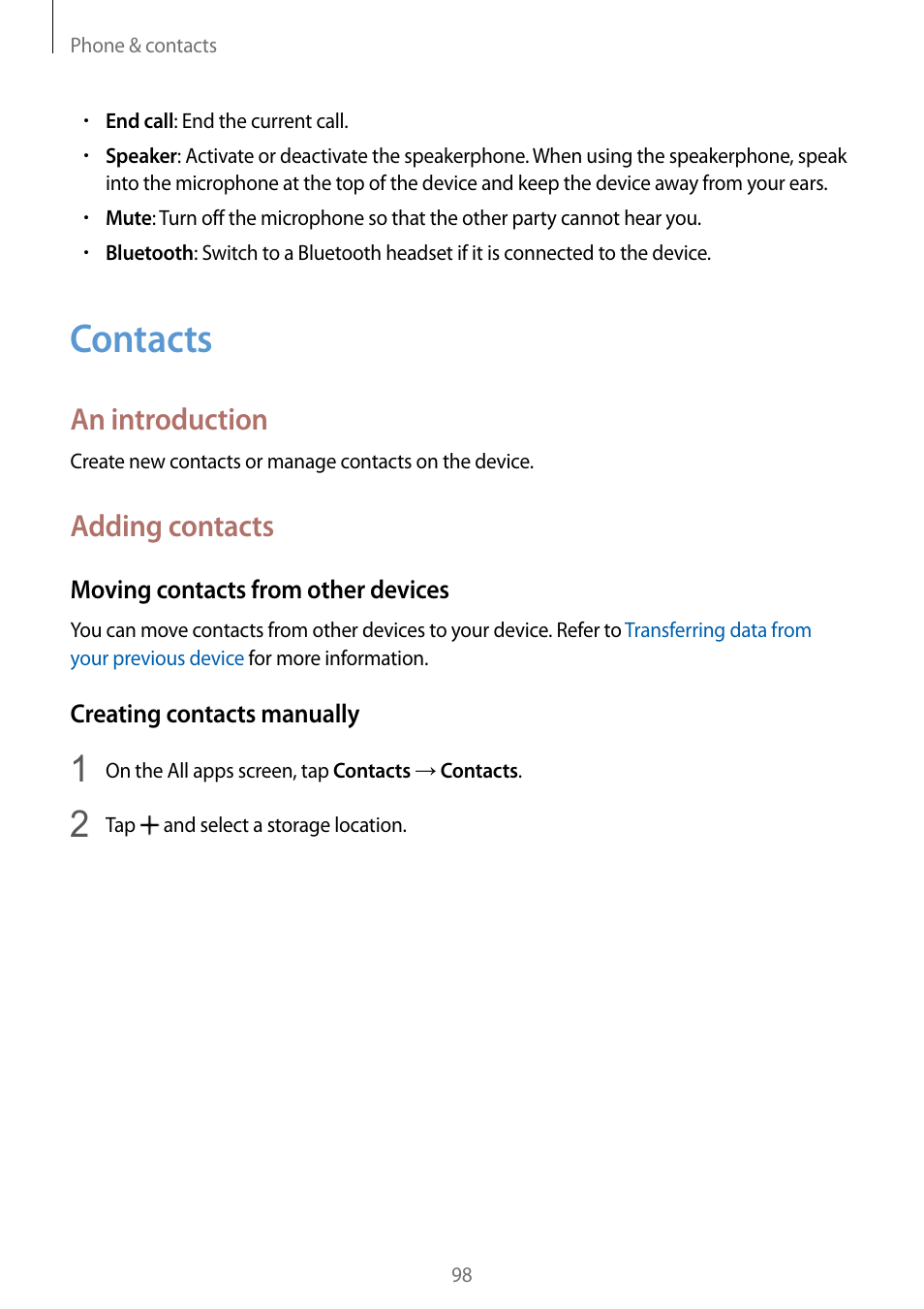 Contacts, 98 contacts, An introduction | Adding contacts | Samsung Galaxy Note Edge User Manual | Page 98 / 208