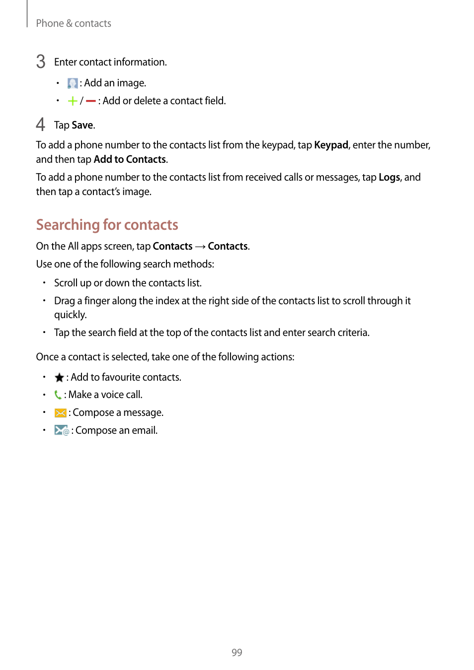 Searching for contacts | Samsung Galaxy Note Edge User Manual | Page 99 / 208