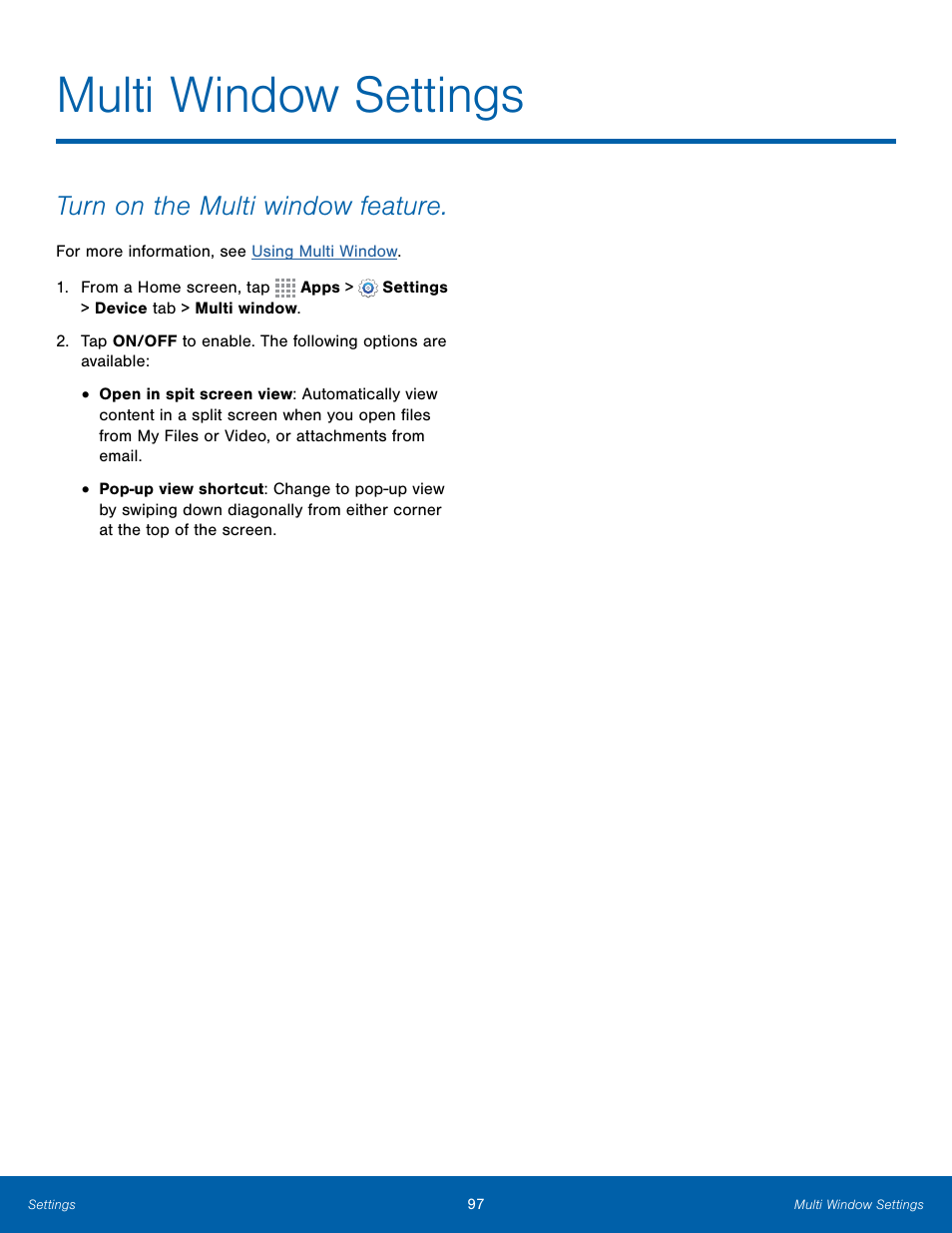 Multi window settings, Turn on the multi window feature | Samsung Galaxy Note Edge User Manual | Page 103 / 134