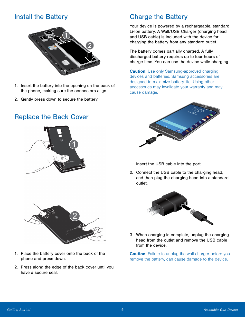 Install the battery, Replace the back cover, Charge the battery | Samsung Galaxy Note Edge User Manual | Page 11 / 134