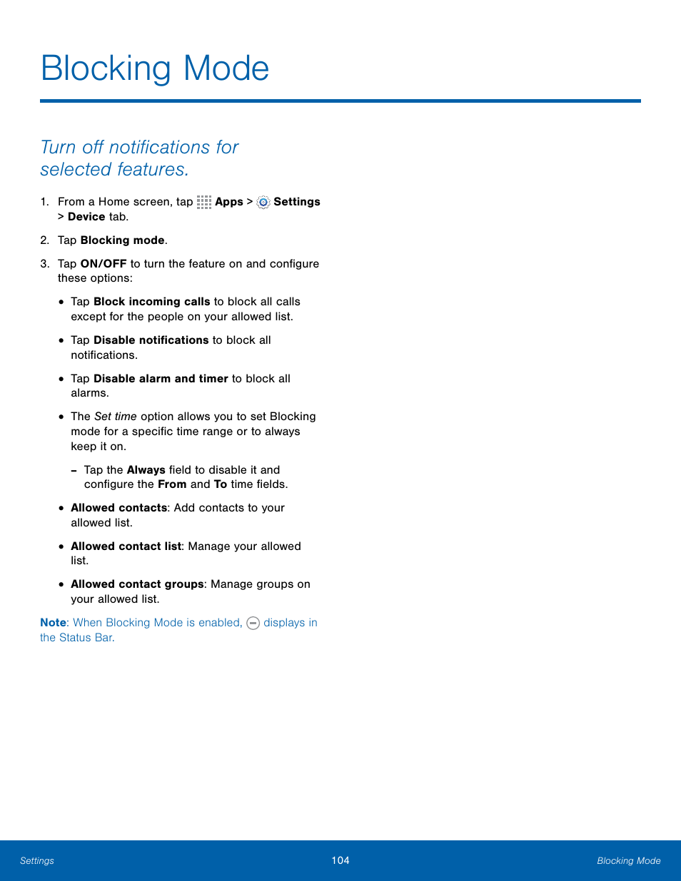 Blocking mode, Turn off notifications for selected features | Samsung Galaxy Note Edge User Manual | Page 110 / 134