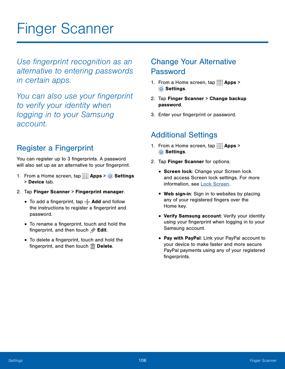 Finger scanner, Change your alternative password, Additional settings | Samsung Galaxy Note Edge User Manual | Page 112 / 134