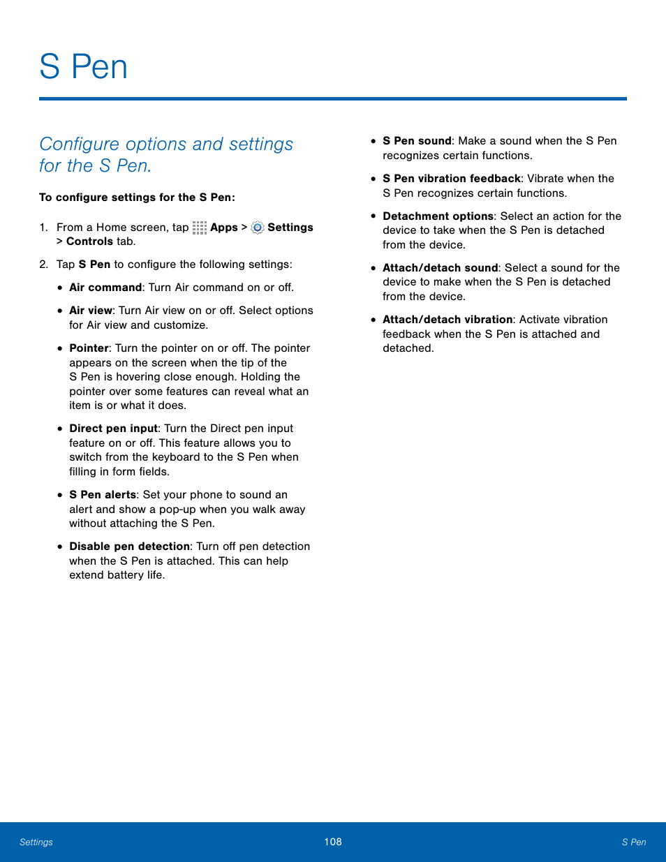 S pen, Configure options and settings for the s pen | Samsung Galaxy Note Edge User Manual | Page 114 / 134