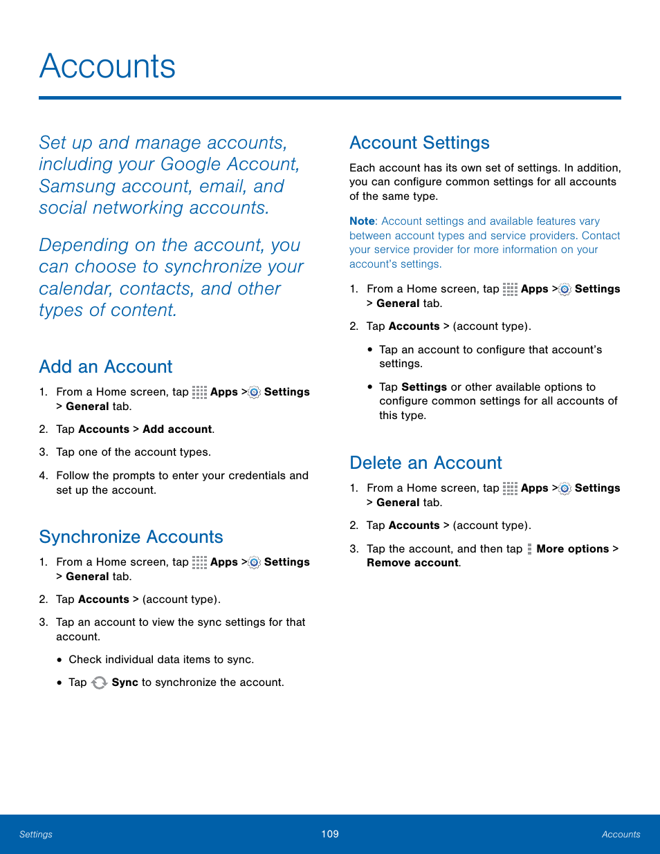 Accounts, Synchronize accounts, Account settings | Delete an account | Samsung Galaxy Note Edge User Manual | Page 115 / 134