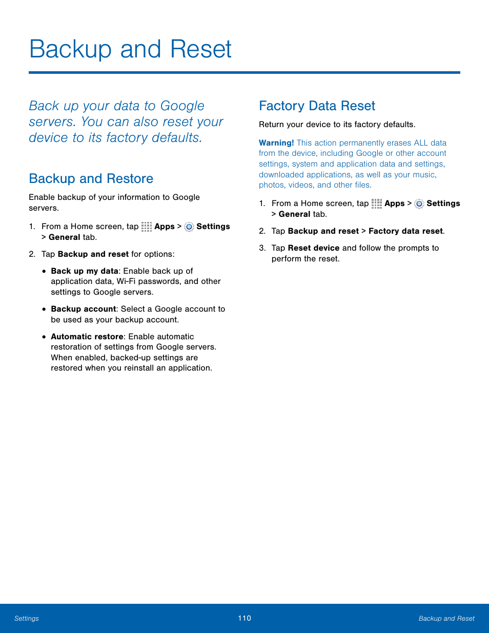 Backup and reset, Factory data reset | Samsung Galaxy Note Edge User Manual | Page 116 / 134