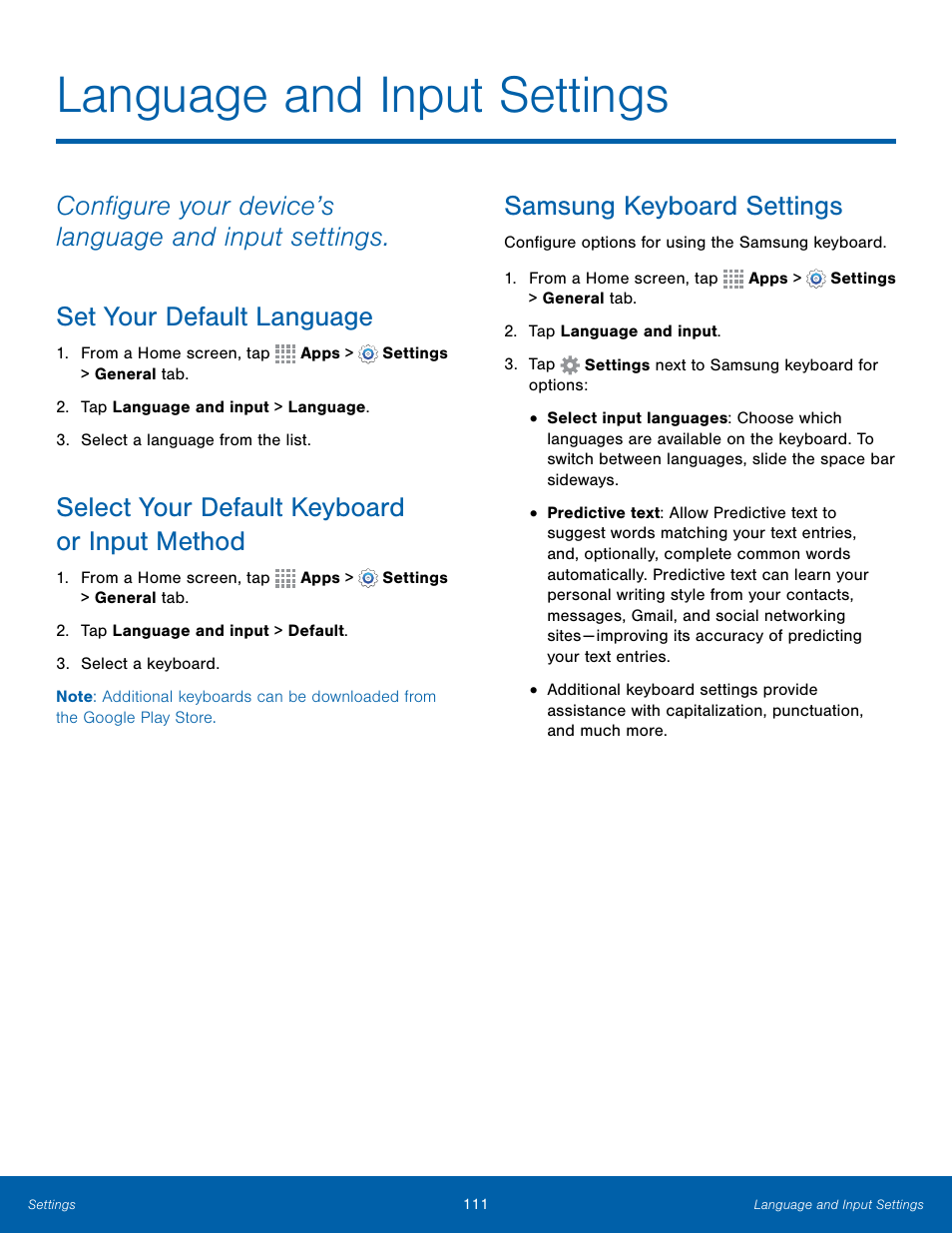 Language and input settings, Select your default keyboard or input method, Samsung keyboard settings | Samsung Galaxy Note Edge User Manual | Page 117 / 134