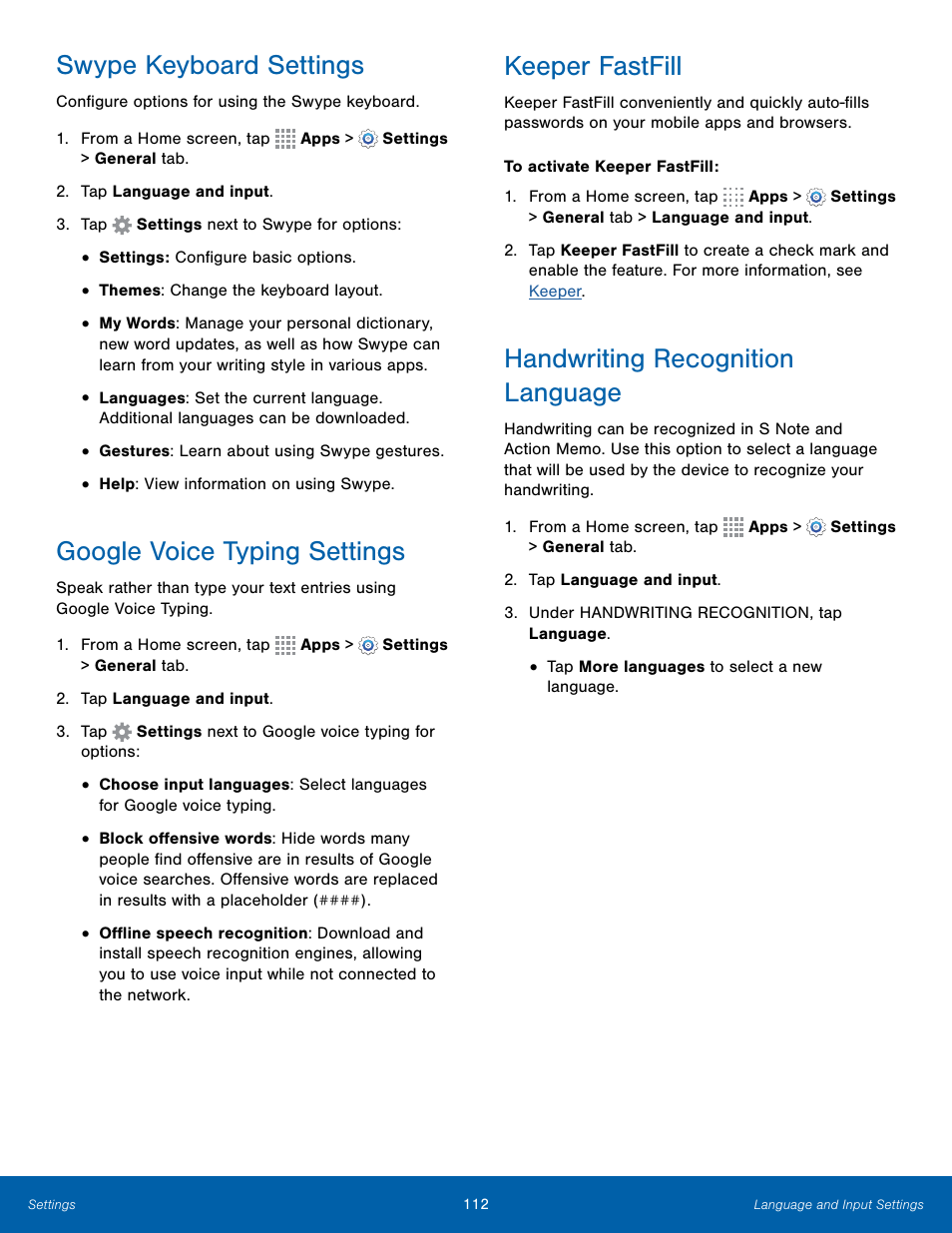 Swype keyboard settings, Google voice typing settings, Keeper fastfill | Handwriting recognition language | Samsung Galaxy Note Edge User Manual | Page 118 / 134