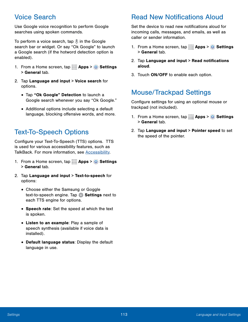 Voice search, Text-to-speech options, Read new notifications aloud | Mouse/trackpad settings | Samsung Galaxy Note Edge User Manual | Page 119 / 134