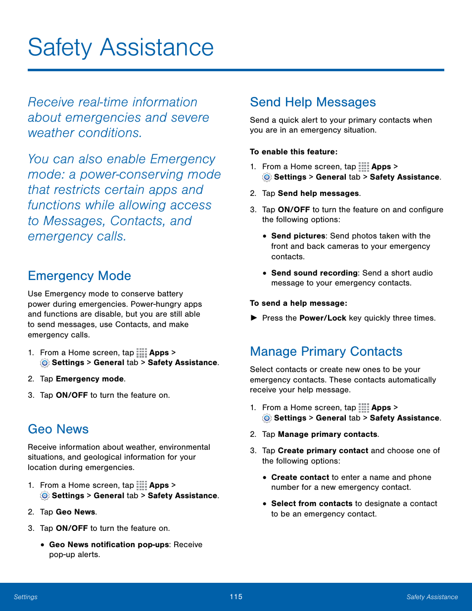 Safety assistance, Geo news, Send help messages | Manage primary contacts | Samsung Galaxy Note Edge User Manual | Page 121 / 134