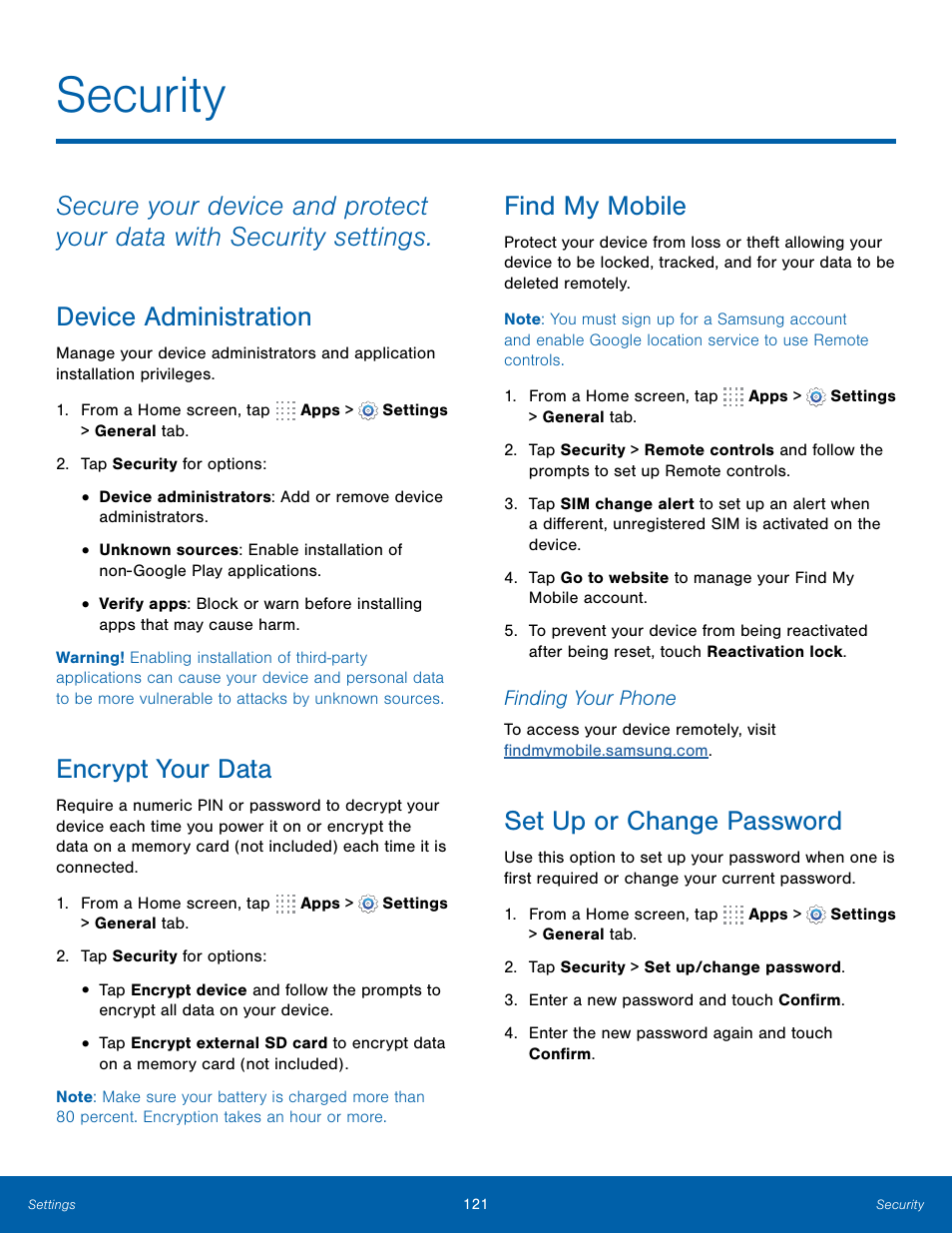 Security, Encrypt your data, Find my mobile | Set up or change password | Samsung Galaxy Note Edge User Manual | Page 127 / 134