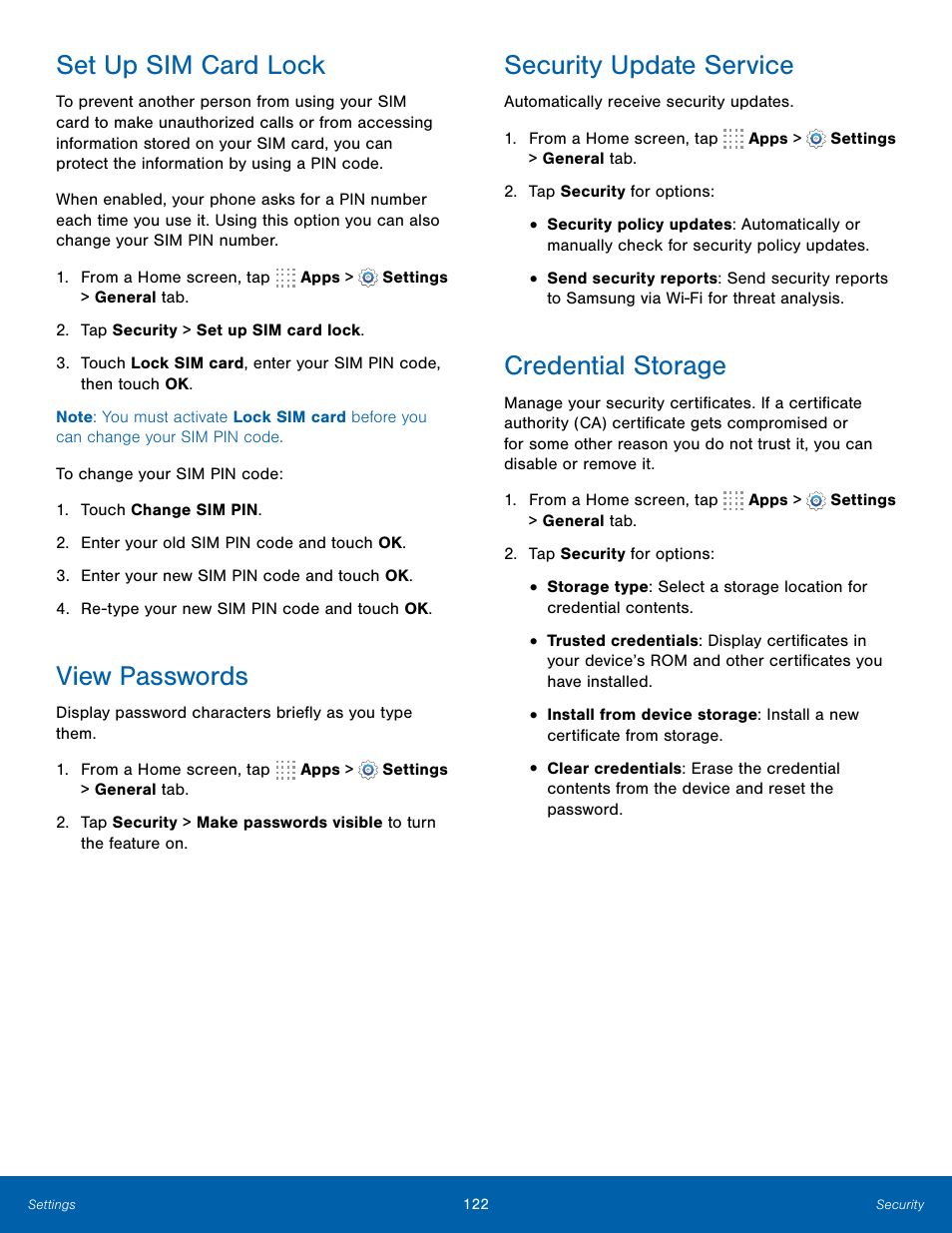 Set up sim card lock, View passwords, Security update service | Credential storage | Samsung Galaxy Note Edge User Manual | Page 128 / 134