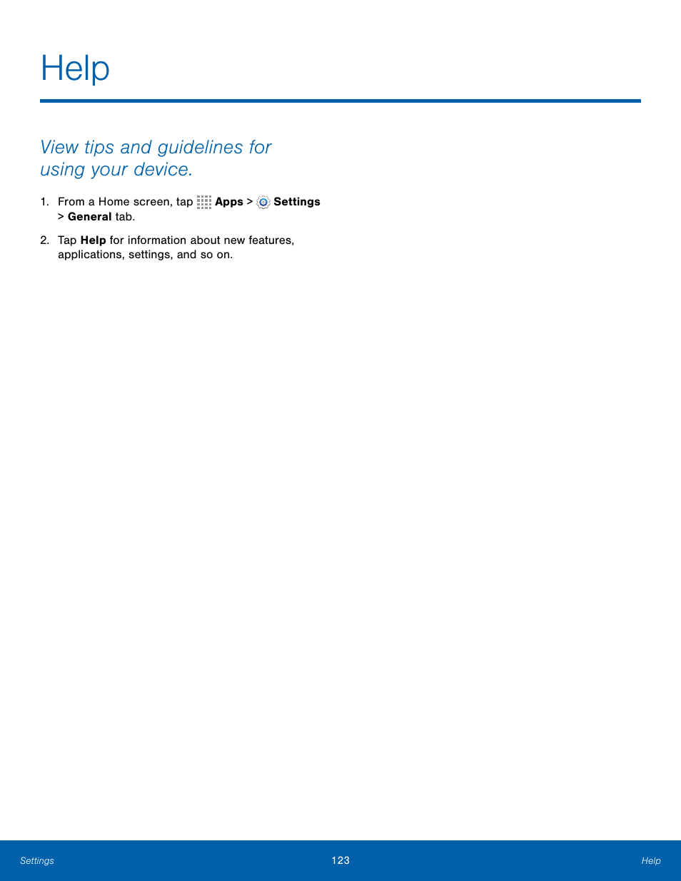 Help, View tips and guidelines for using your device | Samsung Galaxy Note Edge User Manual | Page 129 / 134