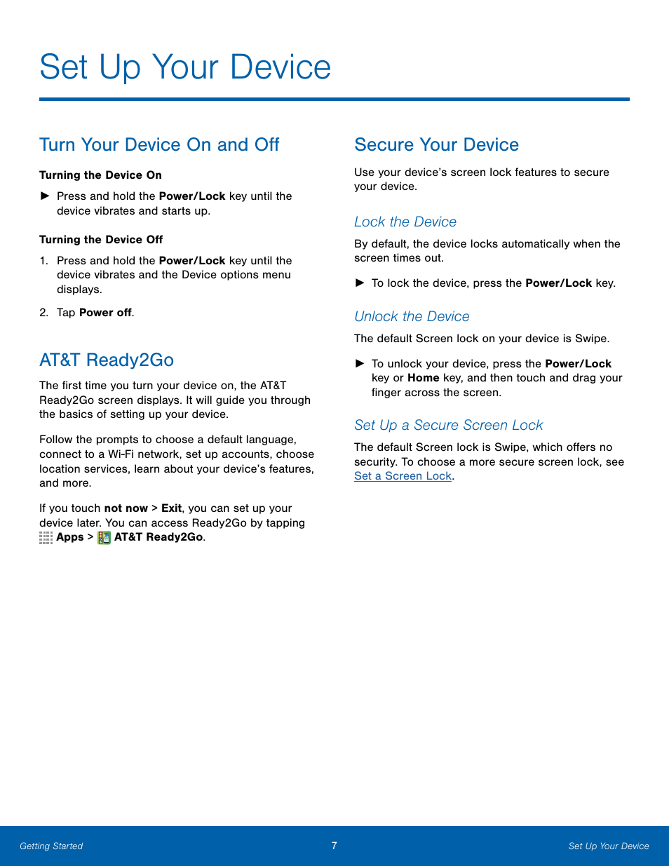 Set up your device, Turn your device on and off, At&t ready2go | Secure your device | Samsung Galaxy Note Edge User Manual | Page 13 / 134