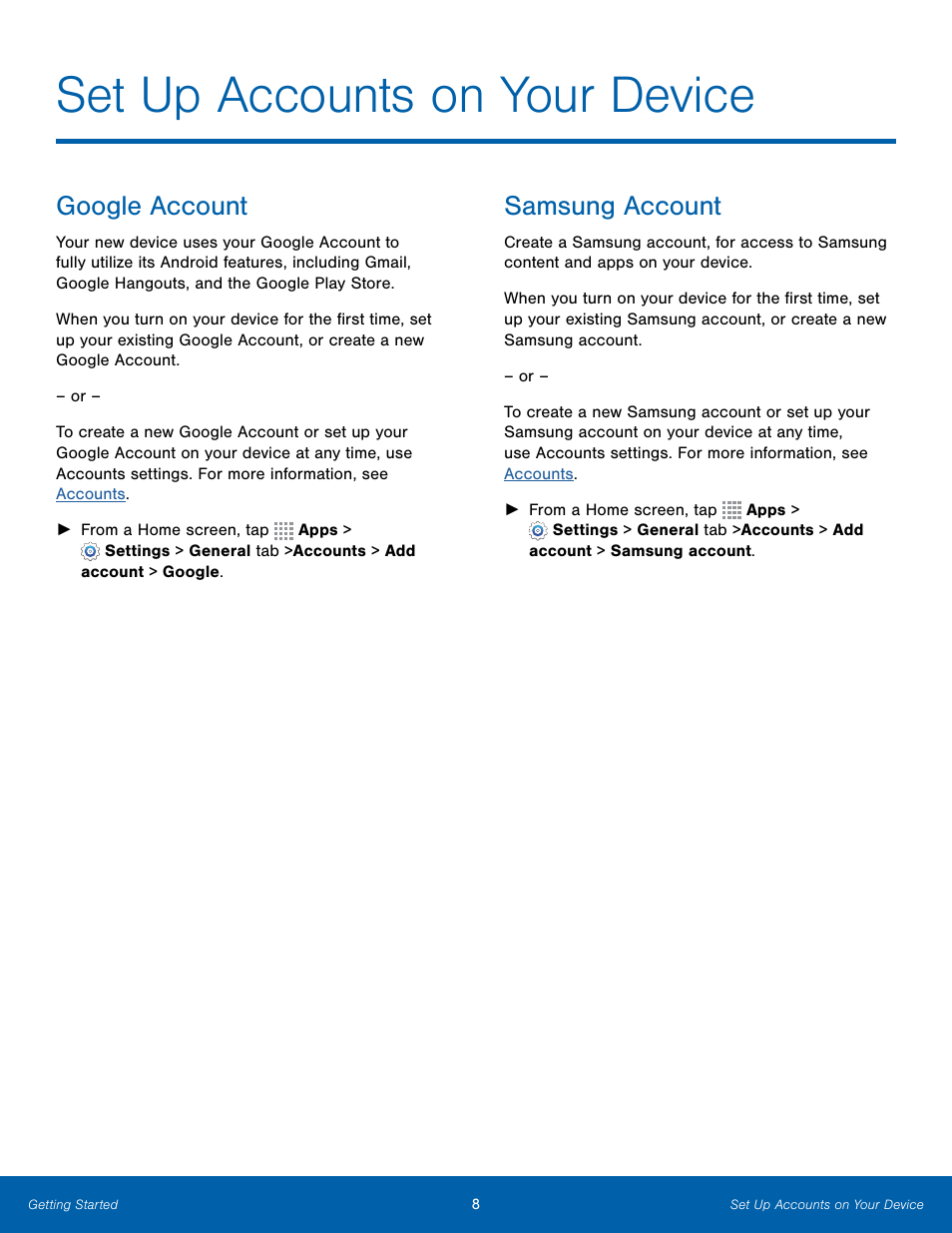 Set up accounts on your device, Google account, Samsung account | Samsung Galaxy Note Edge User Manual | Page 14 / 134