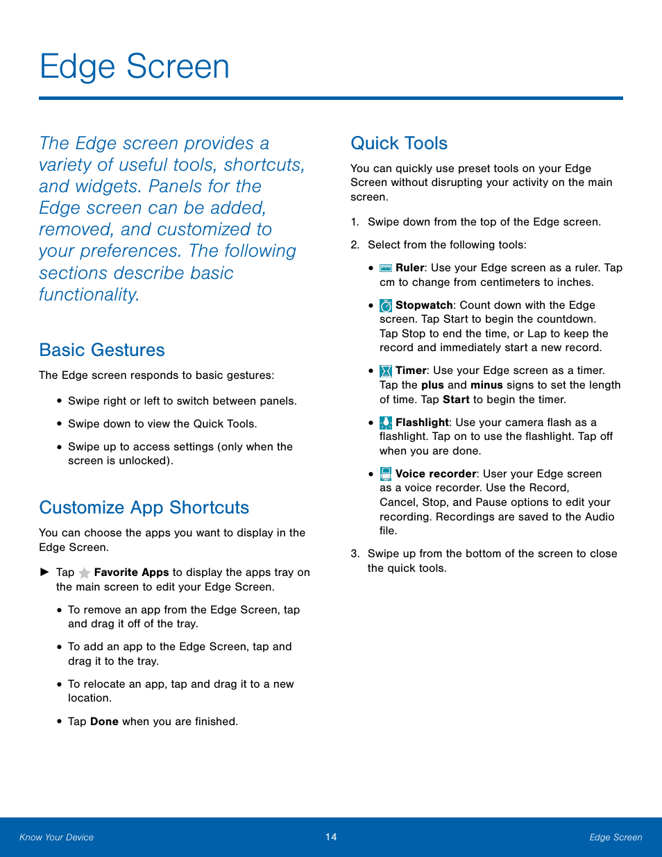 Edge screen, Customize app shortcuts, Quick tools | Samsung Galaxy Note Edge User Manual | Page 20 / 134