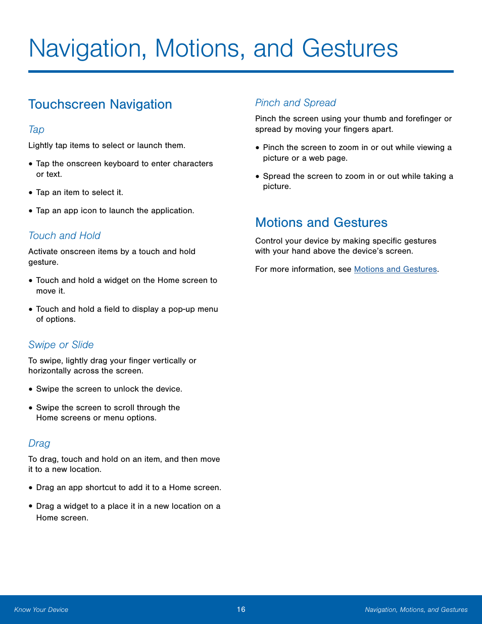 Navigation, motions, and gestures, Touchscreen navigation, Motions and gestures | Samsung Galaxy Note Edge User Manual | Page 22 / 134