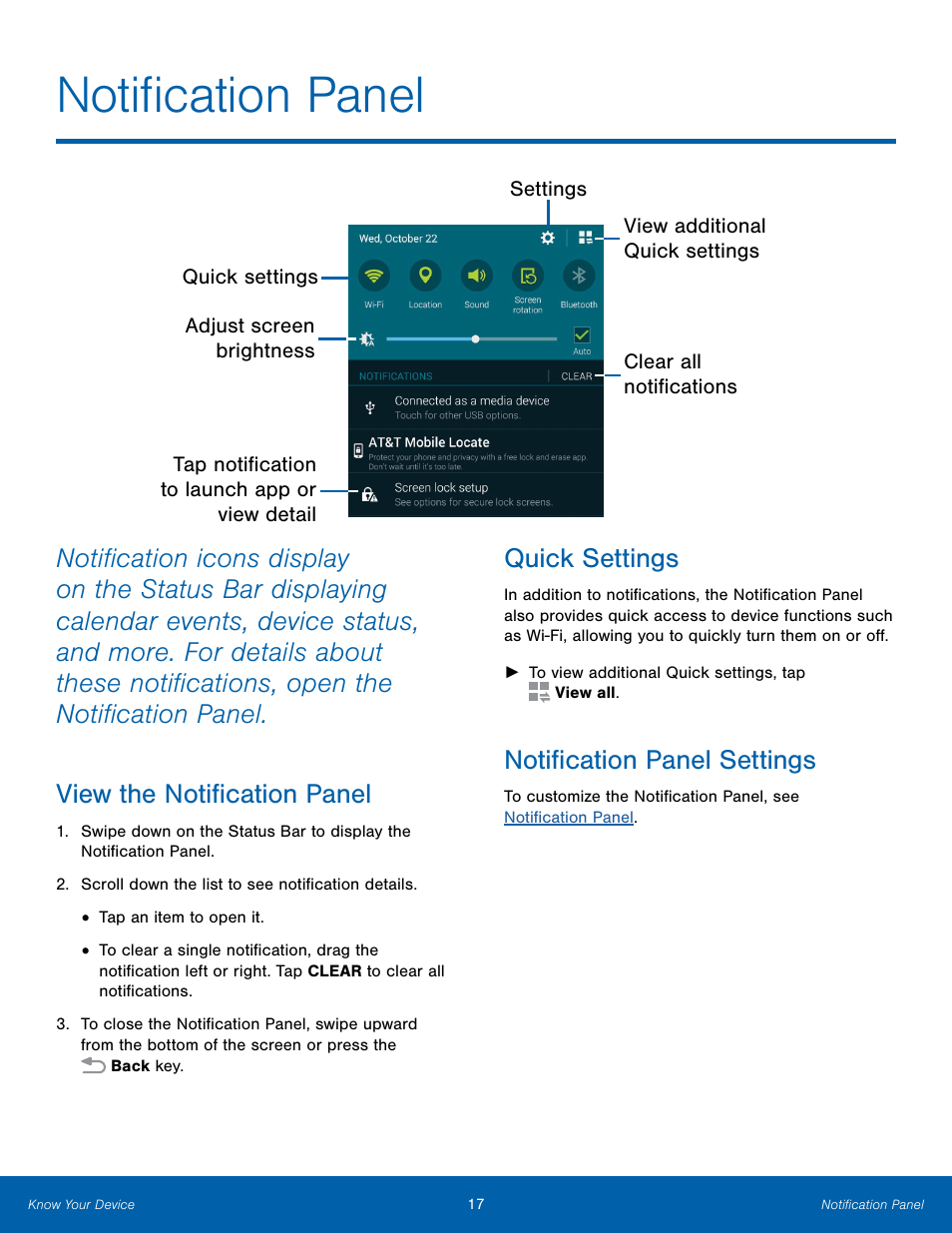 Notification panel, Quick settings, Notification panel settings | Samsung Galaxy Note Edge User Manual | Page 23 / 134