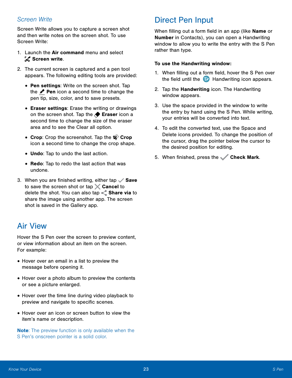 Air view, Direct pen input | Samsung Galaxy Note Edge User Manual | Page 29 / 134