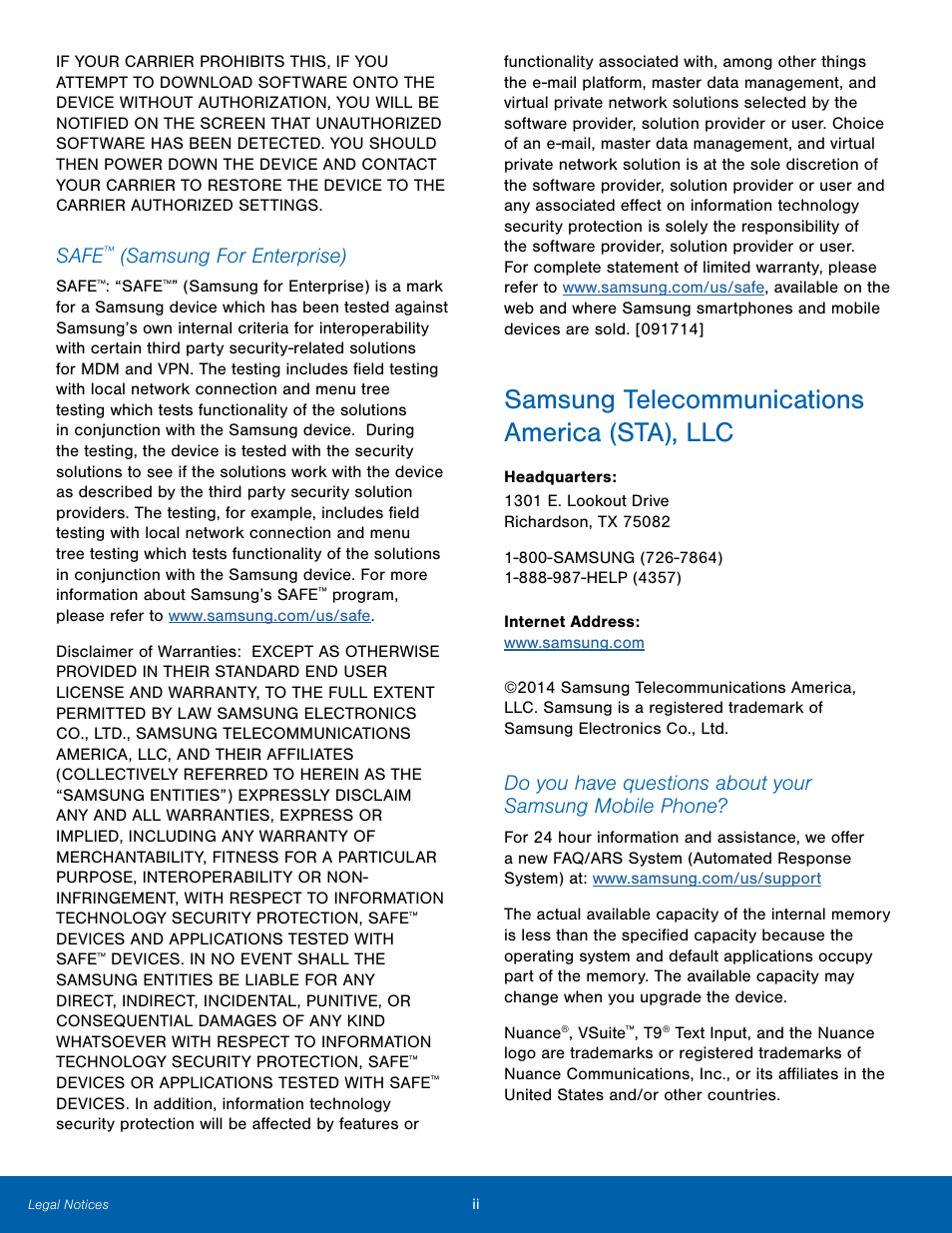 Samsung telecommunications america (sta), llc, Safe, Samsung for enterprise) | Samsung Galaxy Note Edge User Manual | Page 3 / 134