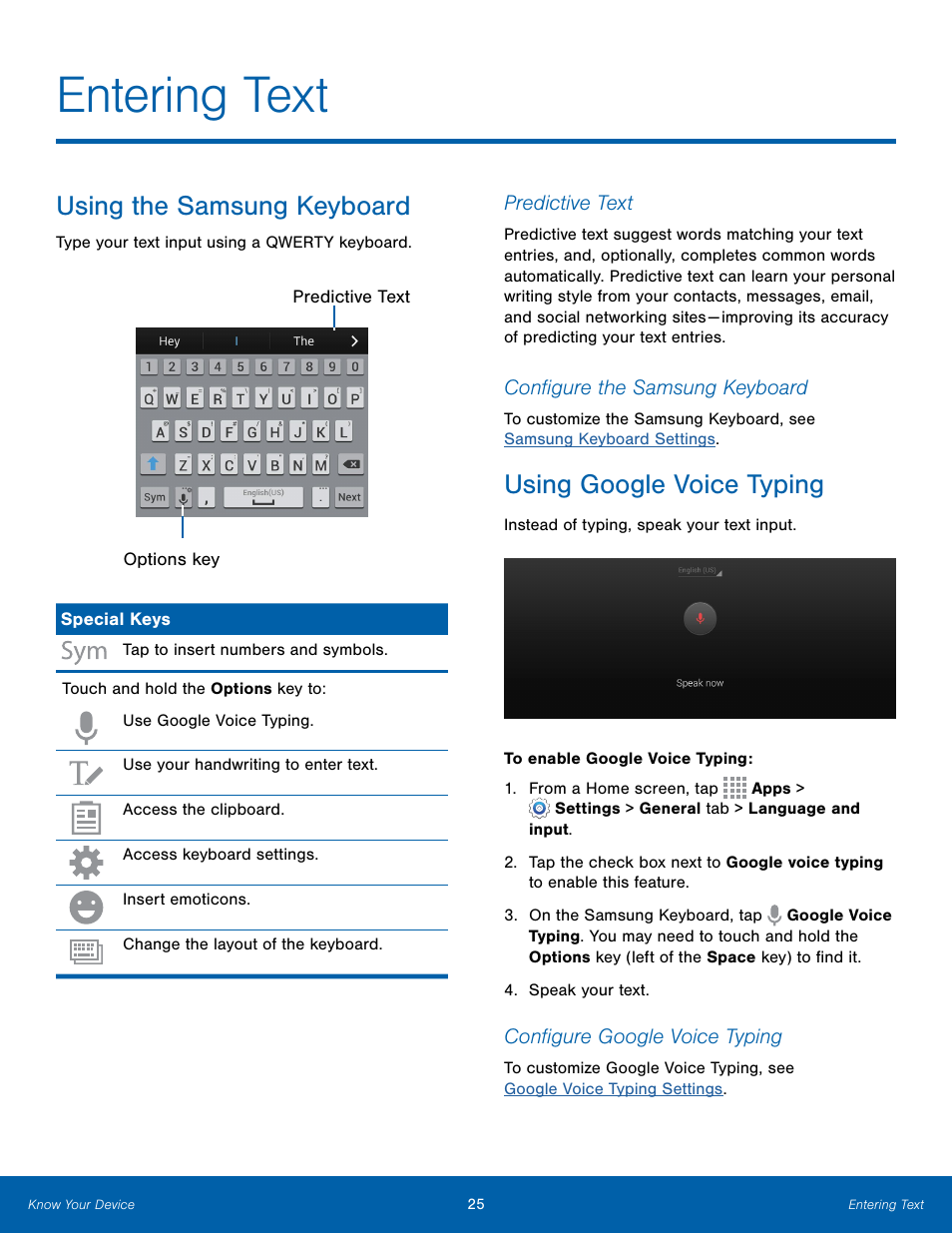 Entering text, Using the samsung keyboard, Using google voice typing | Samsung Galaxy Note Edge User Manual | Page 31 / 134