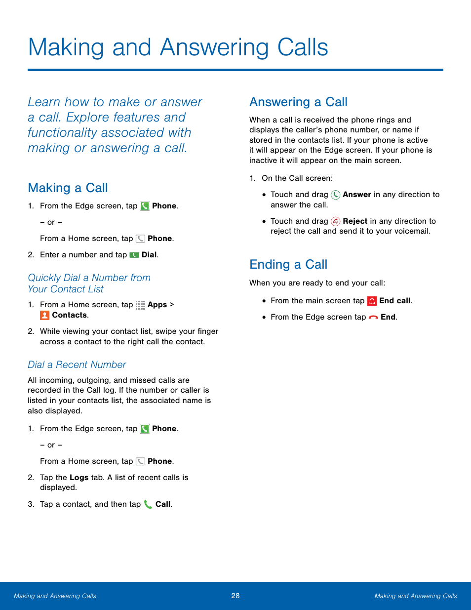 Making and answering calls, Answering a call, Ending a call | Samsung Galaxy Note Edge User Manual | Page 34 / 134