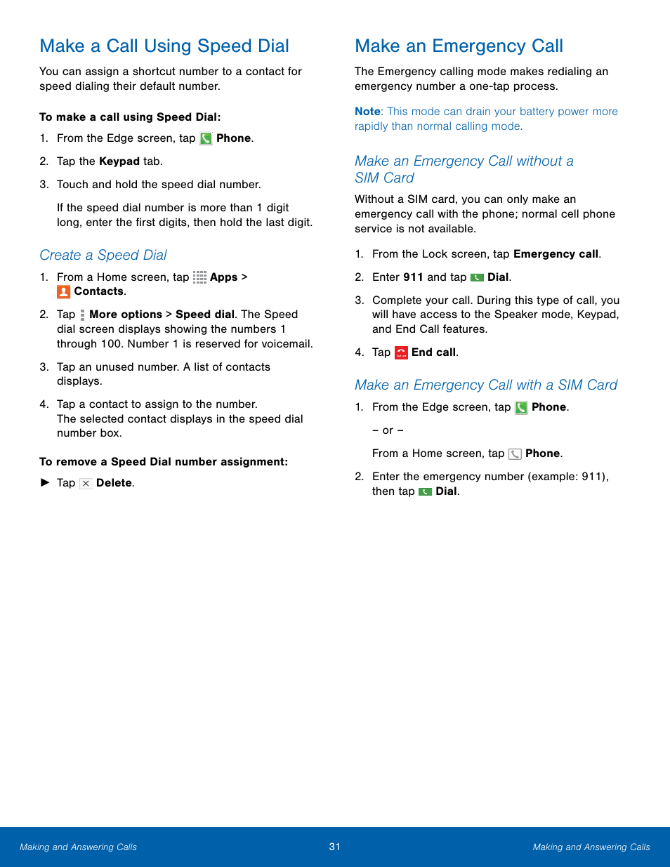 Make a call using speed dial, Make an emergency call | Samsung Galaxy Note Edge User Manual | Page 37 / 134