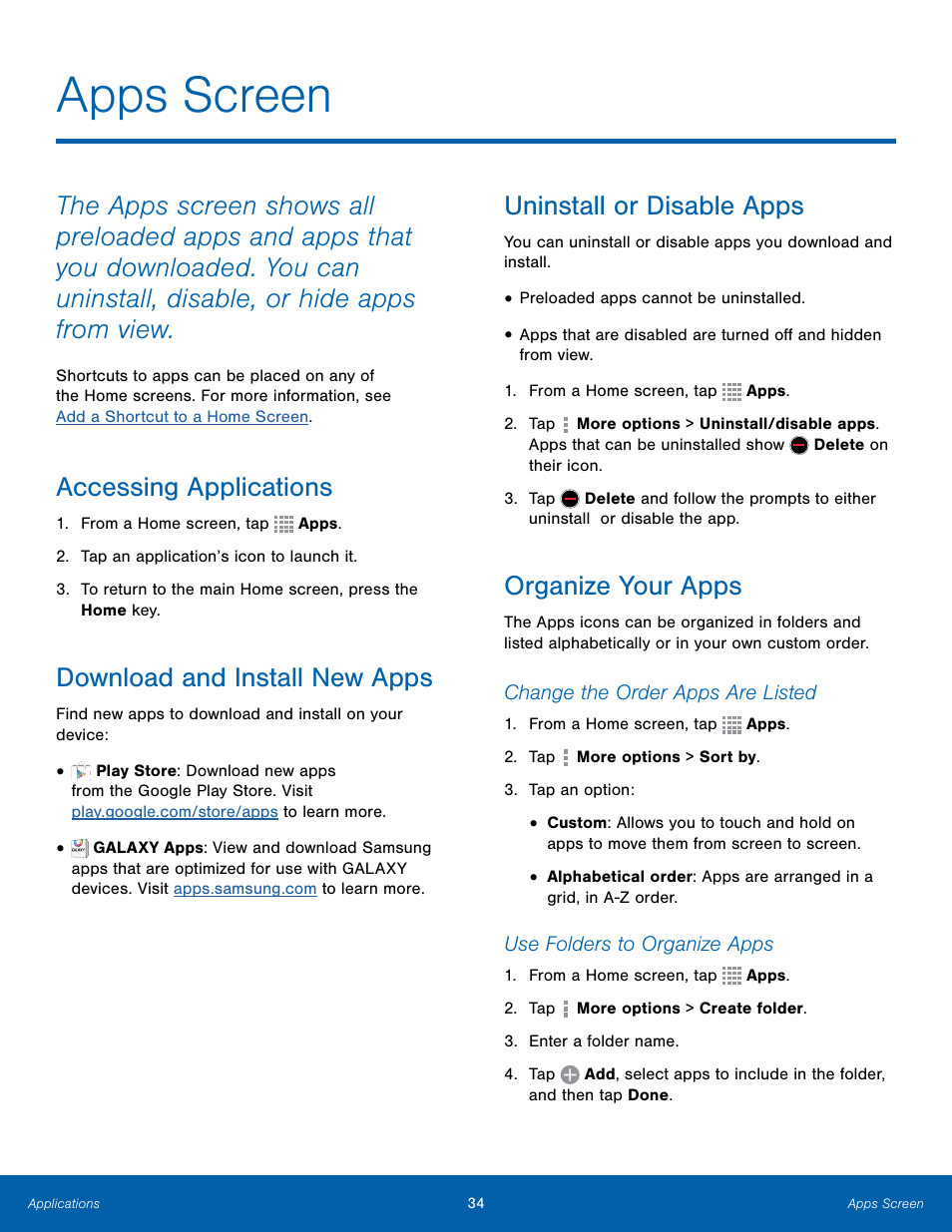 Apps screen, Accessing applications, Download and install new apps | Uninstall or disable apps, Organize your apps | Samsung Galaxy Note Edge User Manual | Page 40 / 134