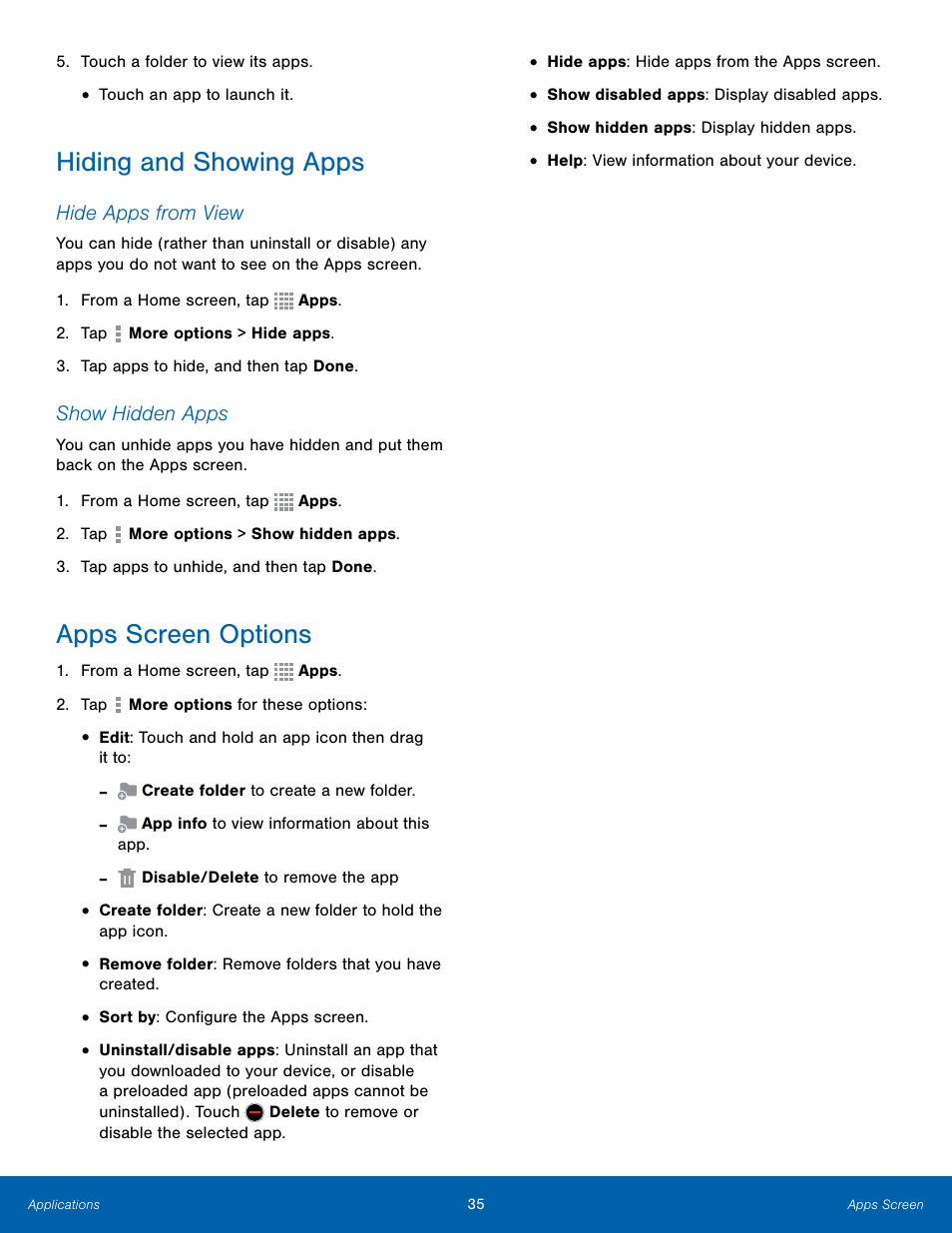 Hiding and showing apps, Apps screen options | Samsung Galaxy Note Edge User Manual | Page 41 / 134