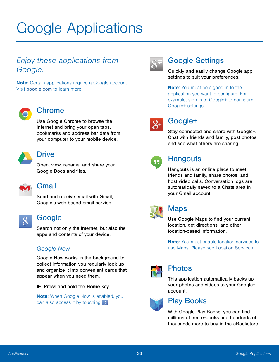 Google applications, Enjoy these applications from google, Chrome | Drive, Gmail, Google, Google settings, Hangouts, Maps, Photos | Samsung Galaxy Note Edge User Manual | Page 42 / 134