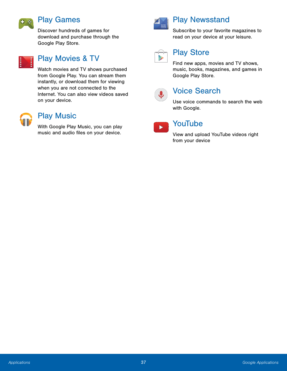 Play games, Play movies & tv, Play music | Play newsstand, Play store, Voice search, Youtube | Samsung Galaxy Note Edge User Manual | Page 43 / 134