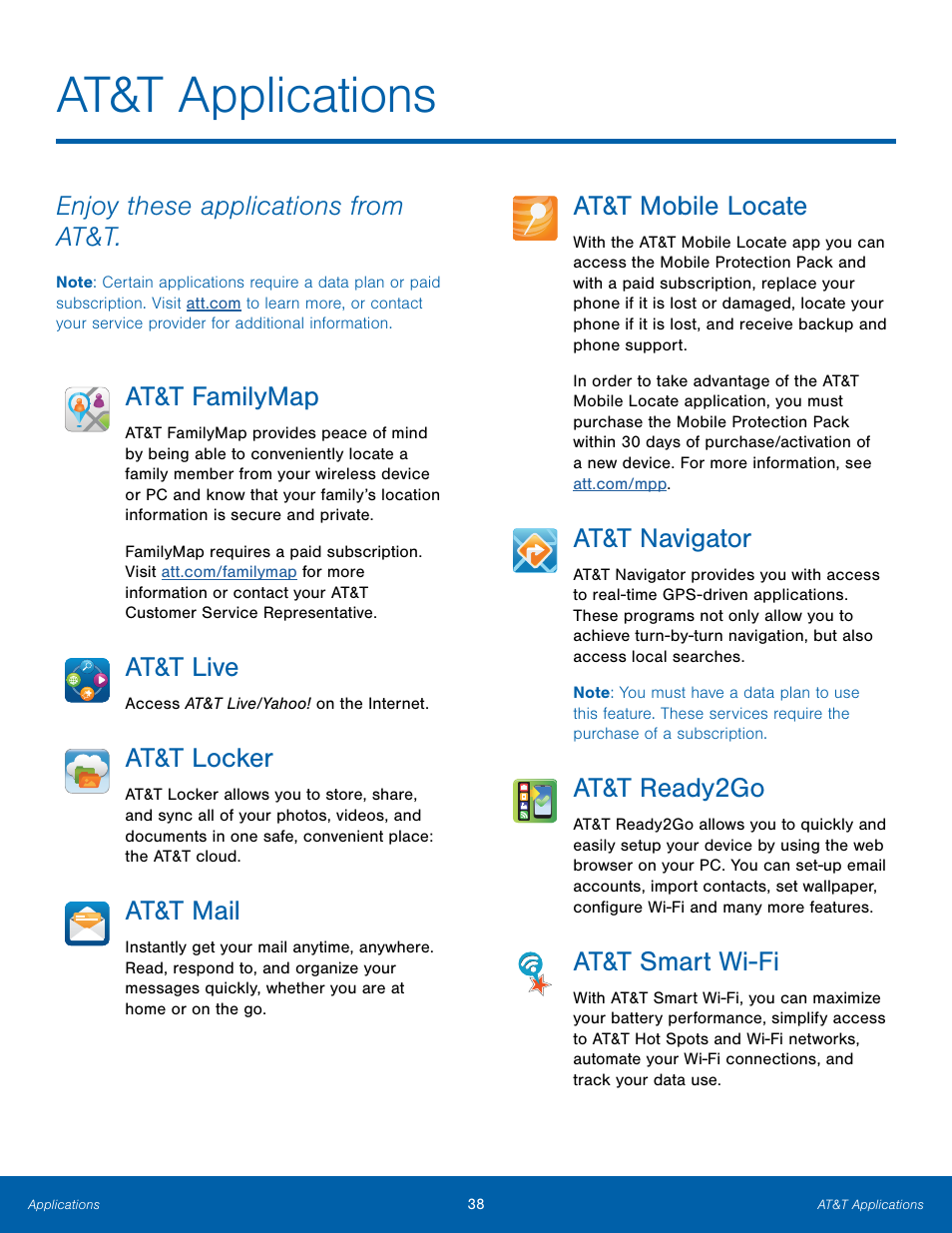 At&t applications, Enjoy these applications from at&t, At&t familymap | At&t live, At&t locker, At&t mail, At&t mobile locate, At&t navigator, At&t ready2go, At&t smart wi-fi | Samsung Galaxy Note Edge User Manual | Page 44 / 134