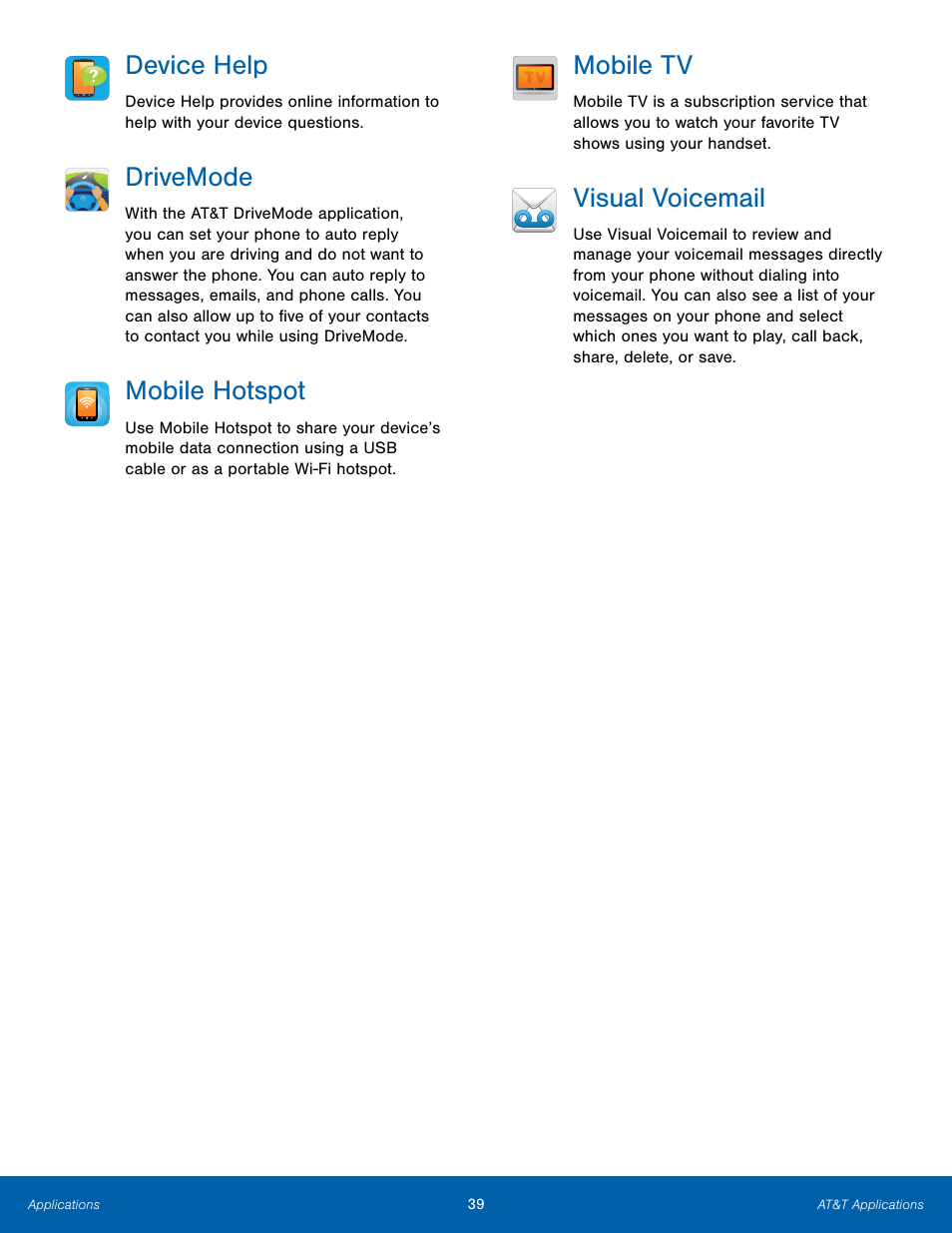 Device help, Drivemode, Mobile hotspot | Mobile tv, Visual voicemail | Samsung Galaxy Note Edge User Manual | Page 45 / 134