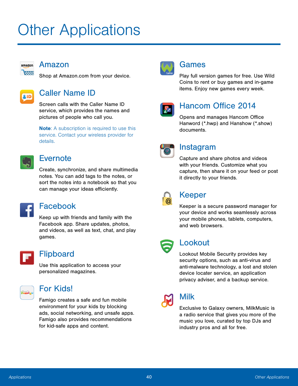 Other applications, Amazon, Caller name id | Facebook, Flipboard, For kids, Games, Hancom office 2014, Instagram, Keeper | Samsung Galaxy Note Edge User Manual | Page 46 / 134