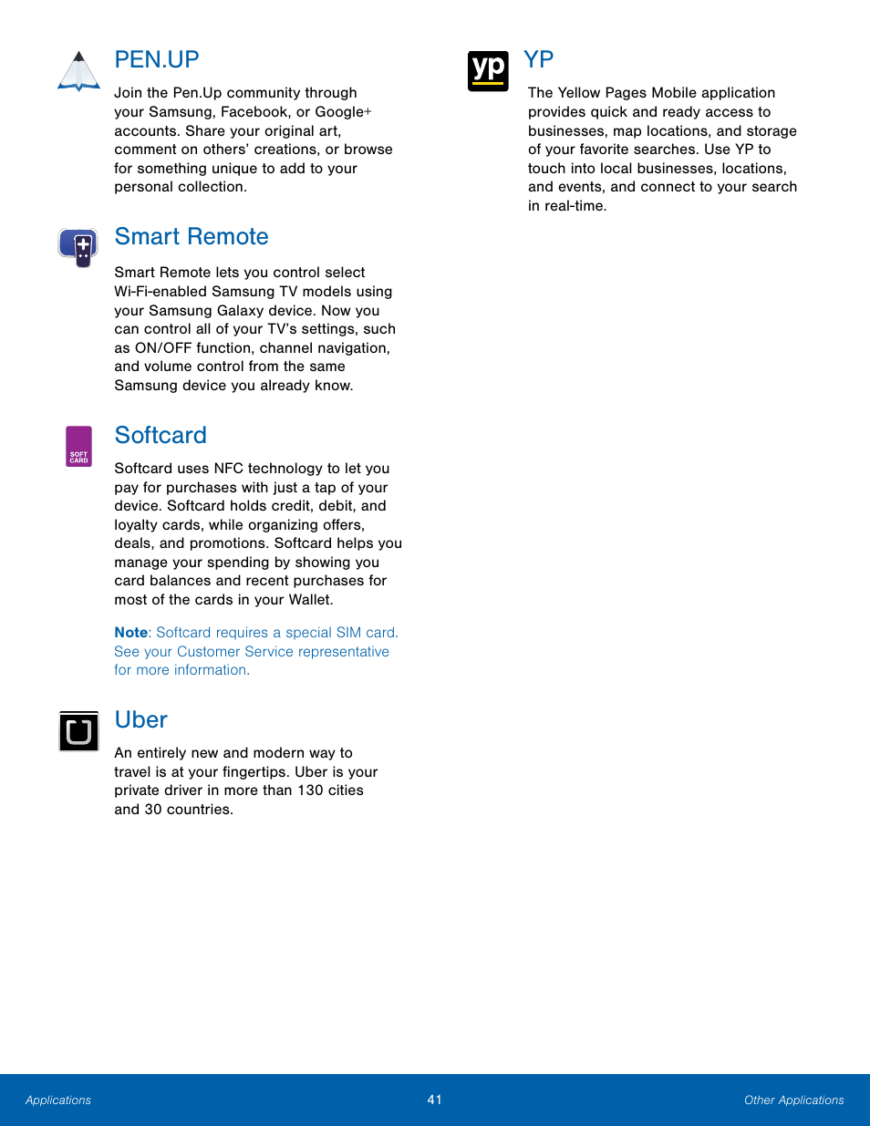 Pen.up, Smart remote, Softcard | Uber | Samsung Galaxy Note Edge User Manual | Page 47 / 134