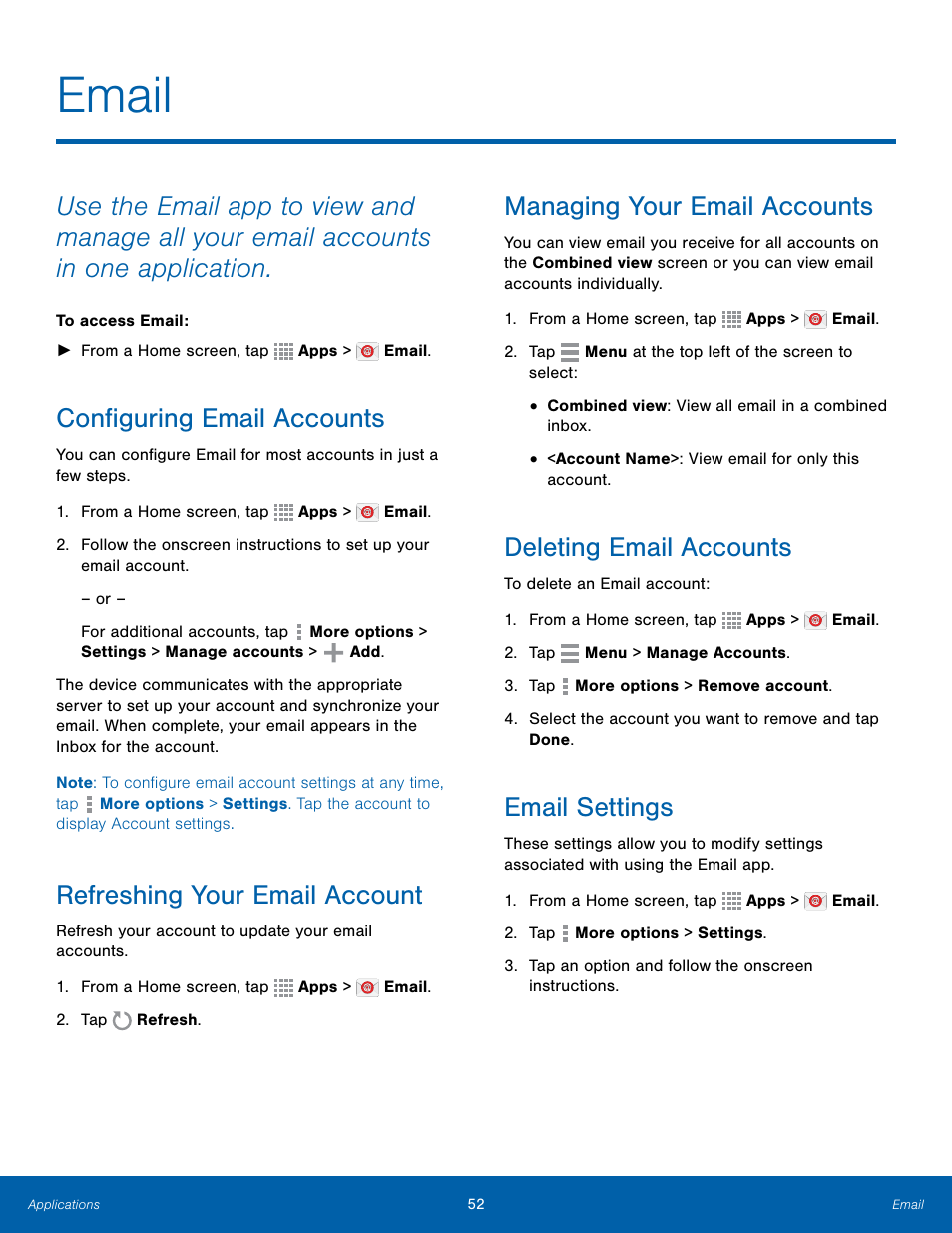 Email, Configuring email accounts, Refreshing your email account | Managing your email accounts, Deleting email accounts, Email settings | Samsung Galaxy Note Edge User Manual | Page 58 / 134