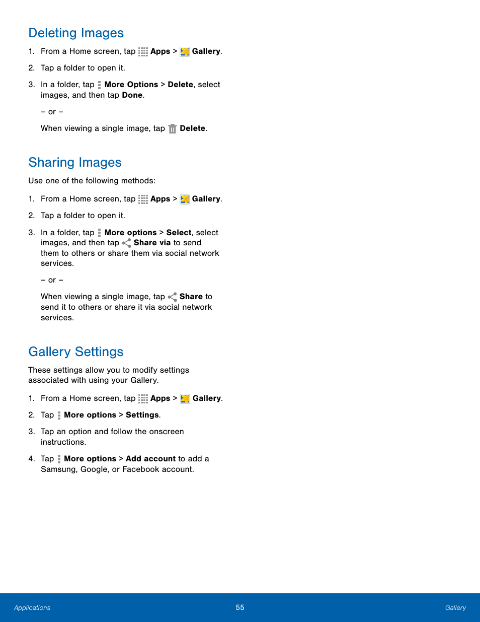 Deleting images, Sharing images, Gallery settings | Samsung Galaxy Note Edge User Manual | Page 61 / 134