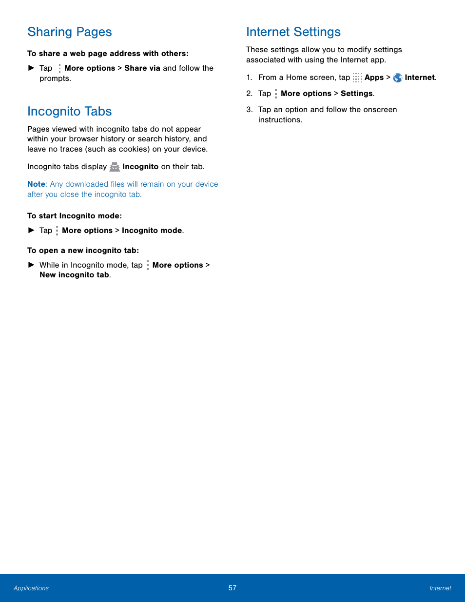 Sharing pages, Incognito tabs, Internet settings | Samsung Galaxy Note Edge User Manual | Page 63 / 134