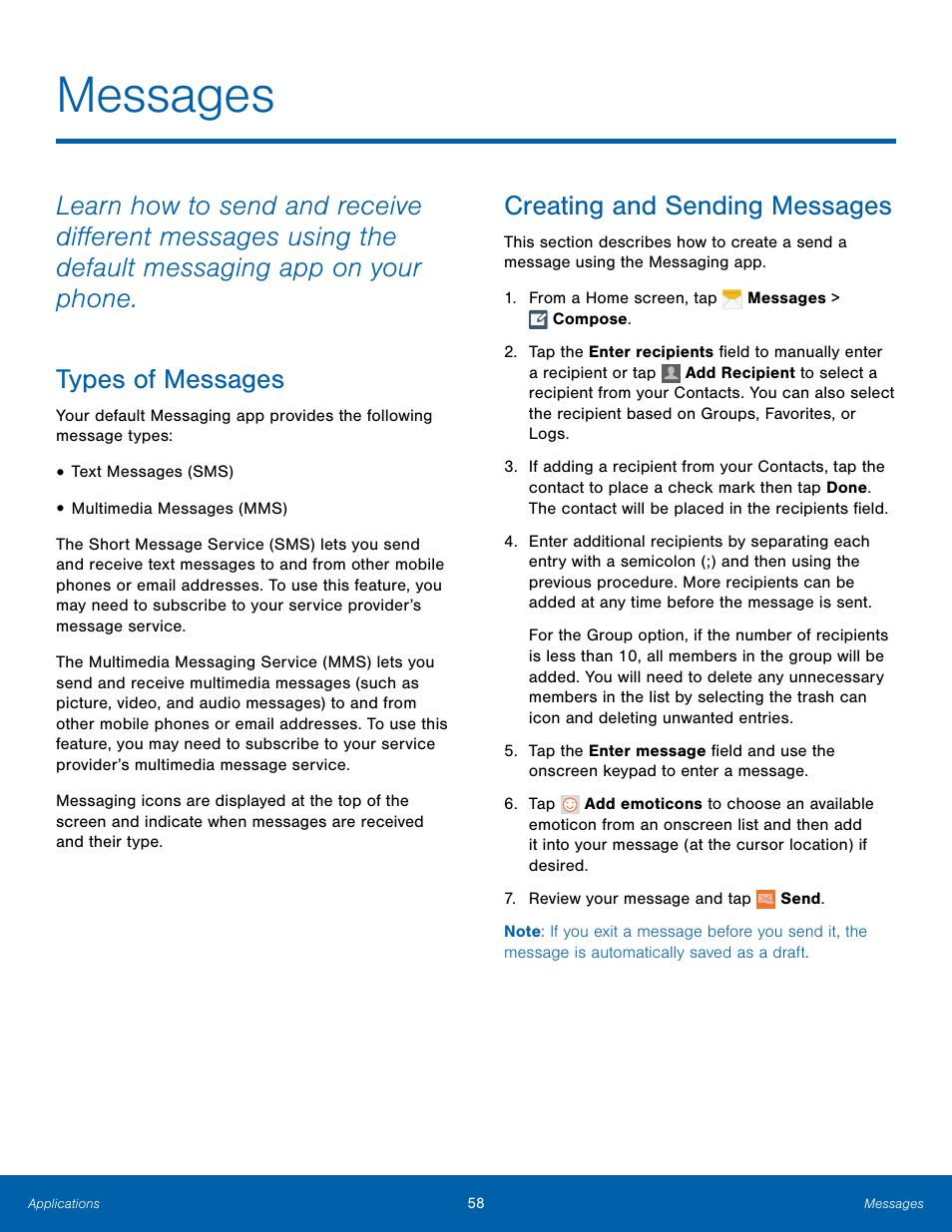 Messages, Creating and sending messages | Samsung Galaxy Note Edge User Manual | Page 64 / 134