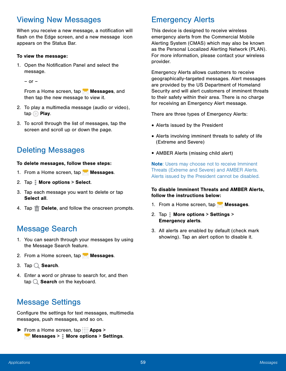 Viewing new messages, Deleting messages, Message search | Message settings, Emergency alerts | Samsung Galaxy Note Edge User Manual | Page 65 / 134