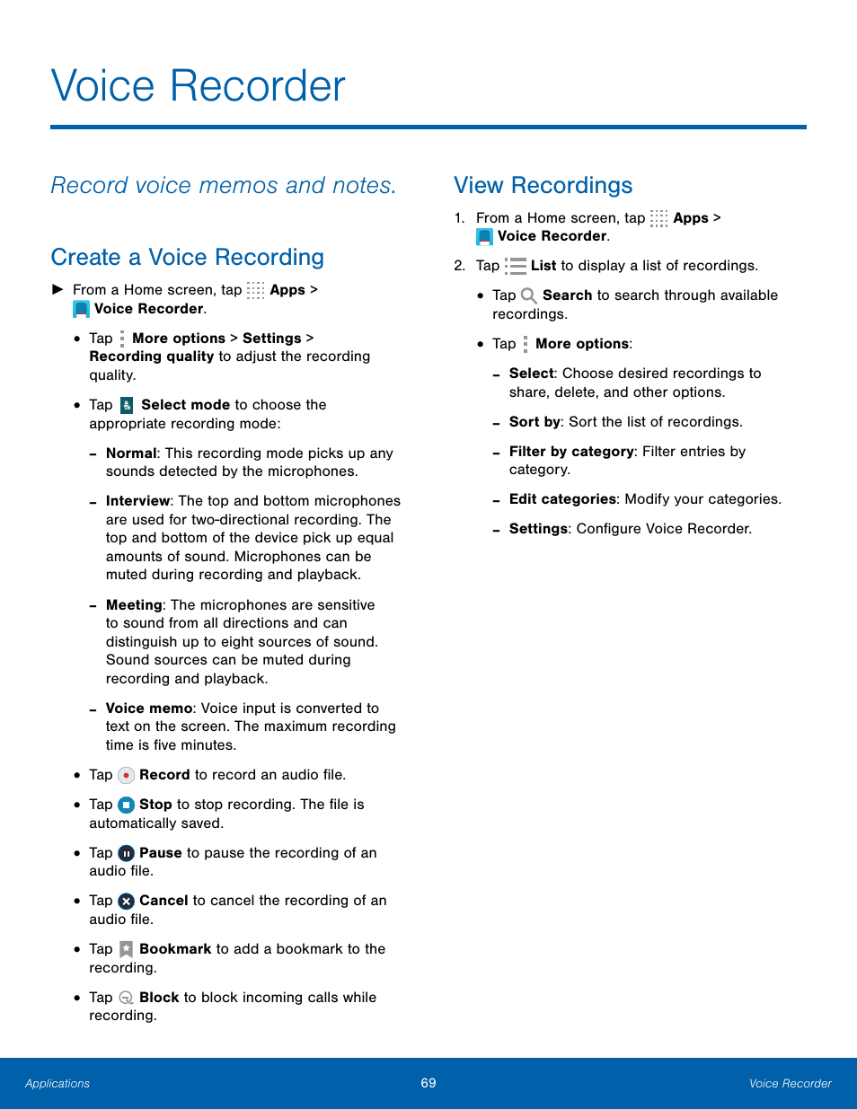 Voice recorder, View recordings | Samsung Galaxy Note Edge User Manual | Page 75 / 134